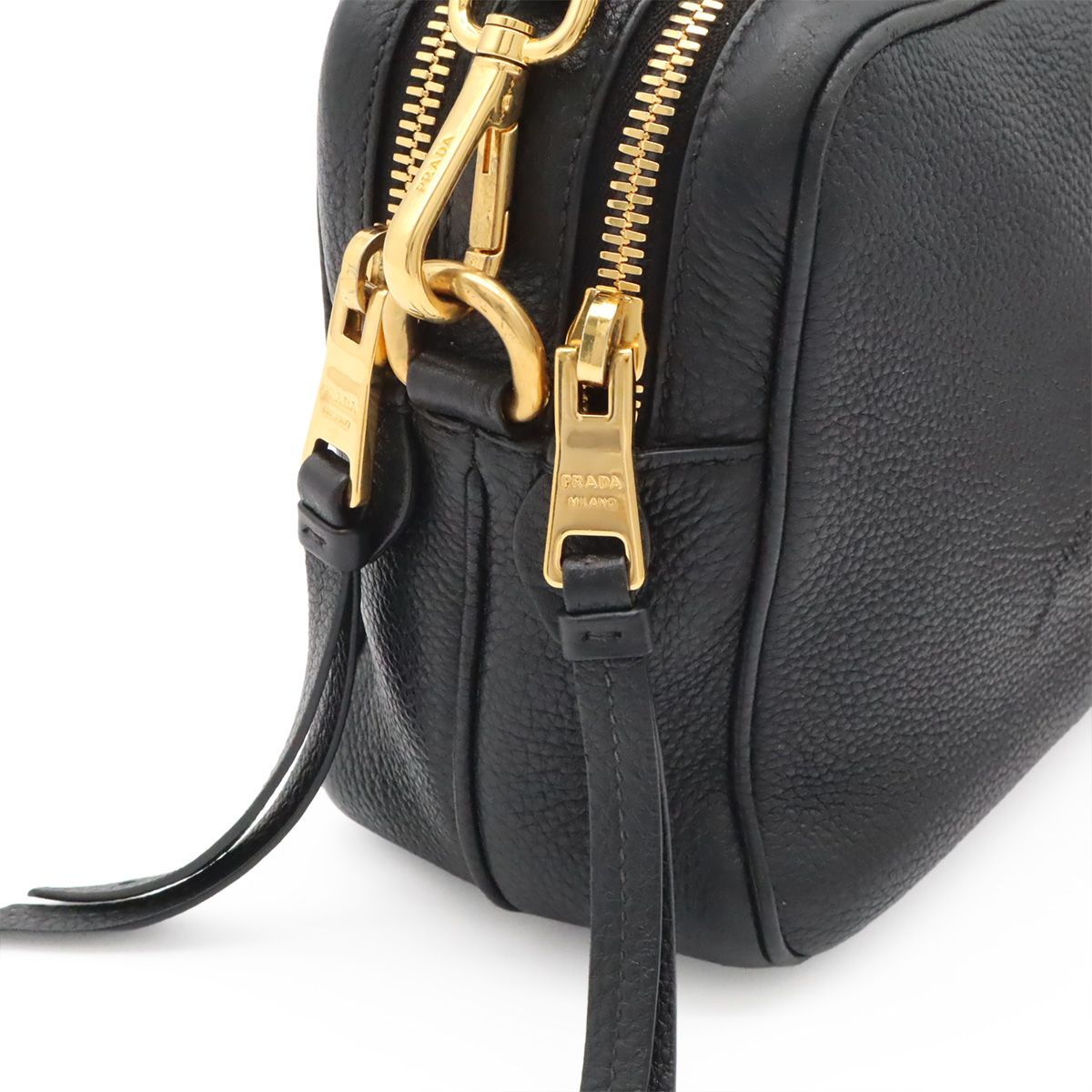 Prada Vitello Daino Logo Shoulder Bag Striped 2-Way Clutch Leather Nero Black — view 4