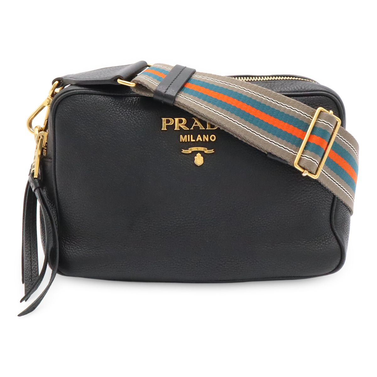 Prada Vitello Daino Logo Shoulder Bag Striped 2-Way Clutch Leather Nero Black