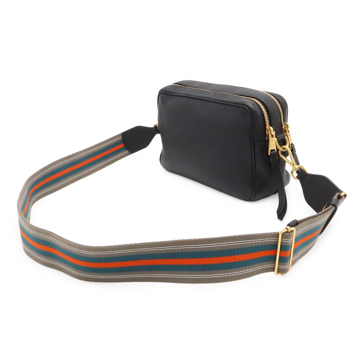 Prada Vitello Daino Logo Shoulder Bag Striped 2-Way Clutch Leather Nero Black — view 2