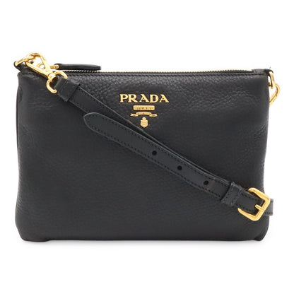 Prada Shoulder Bag Pochette Crossbody 2-Way Clutch Vitello Daino Leather Nero
