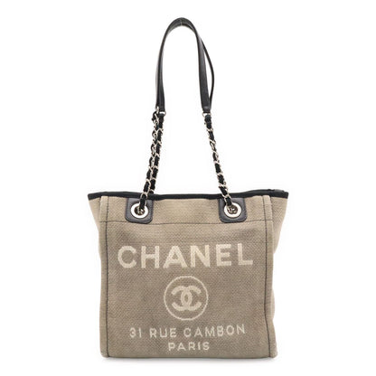 Chanel Deauville Tote Shoulder Bag Chain Canvas Leather Gray Black