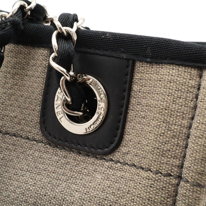 Chanel Deauville Tote Shoulder Bag Chain Canvas Leather Gray Black — view 7
