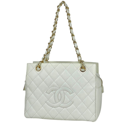 Chanel Shoulder Bag CC Logo Quilted Caviar Leather White