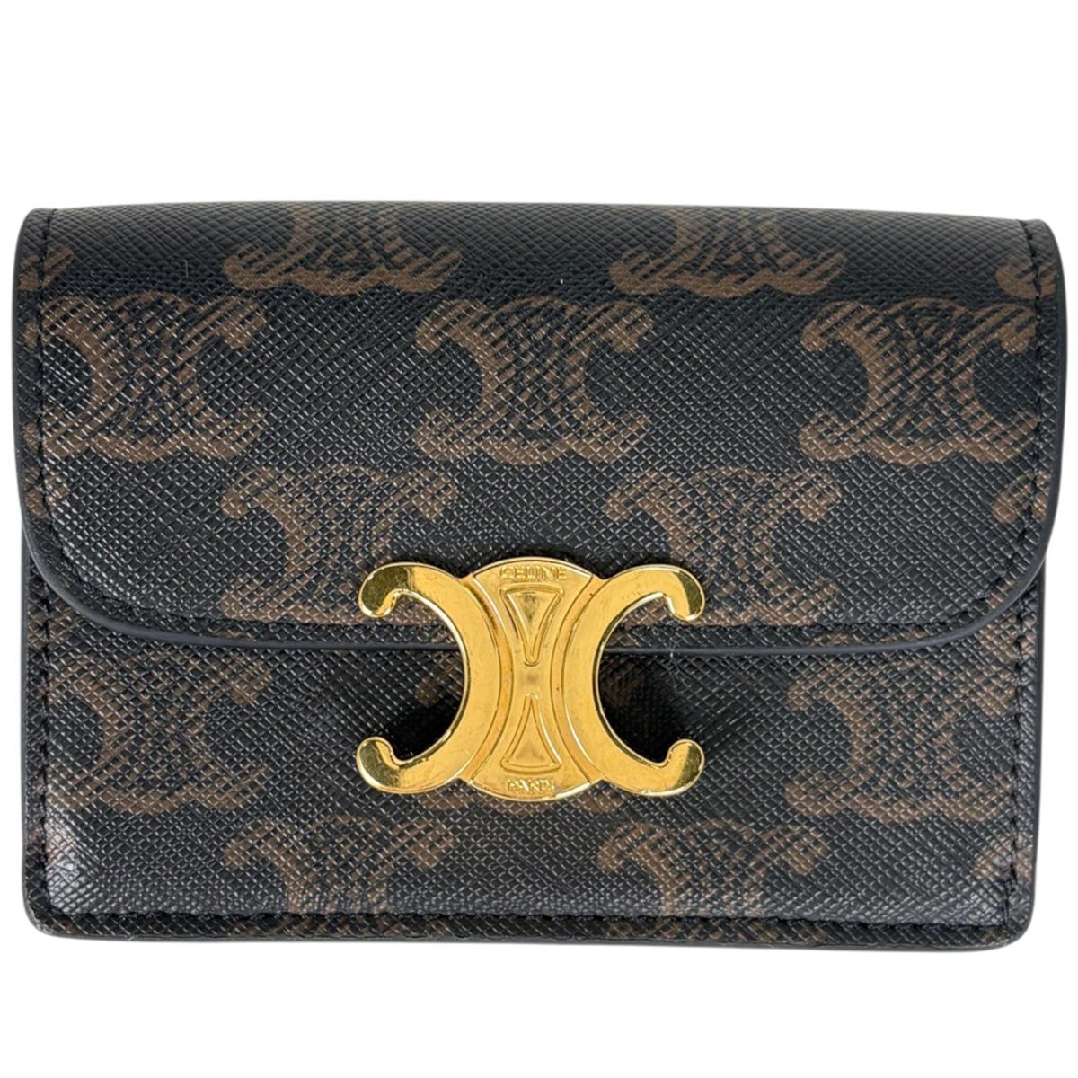 Celine Card Case Triomphe Leather Black Brown
