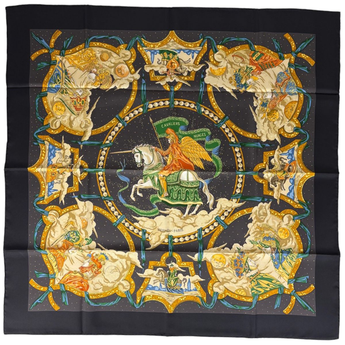 Hermes Carre 90 Cavaliers Des Nuages Scarf Cloud Knight Silk Black Multicolor