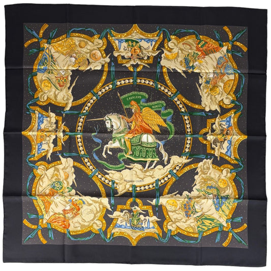 Hermes Carre 90 Cavaliers Des Nuages Scarf Cloud Knight Silk Black Multicolor