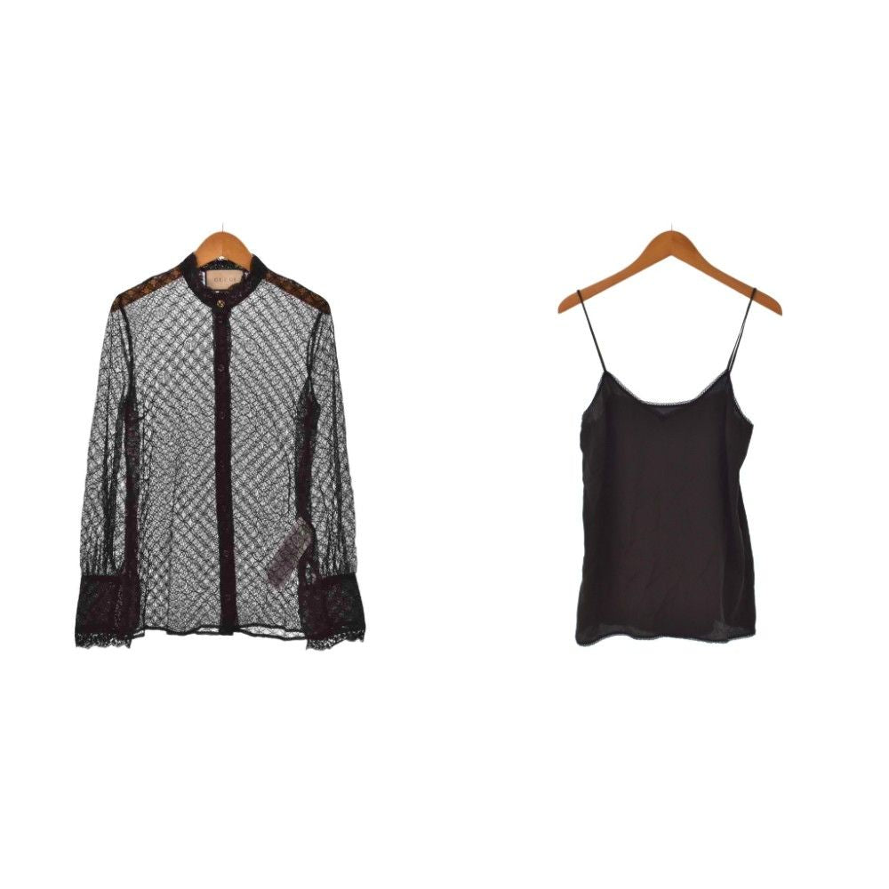Gucci Geometric Lace Shirt Blouse Long Sleeve Sheer See Through 36 Black Zakbx