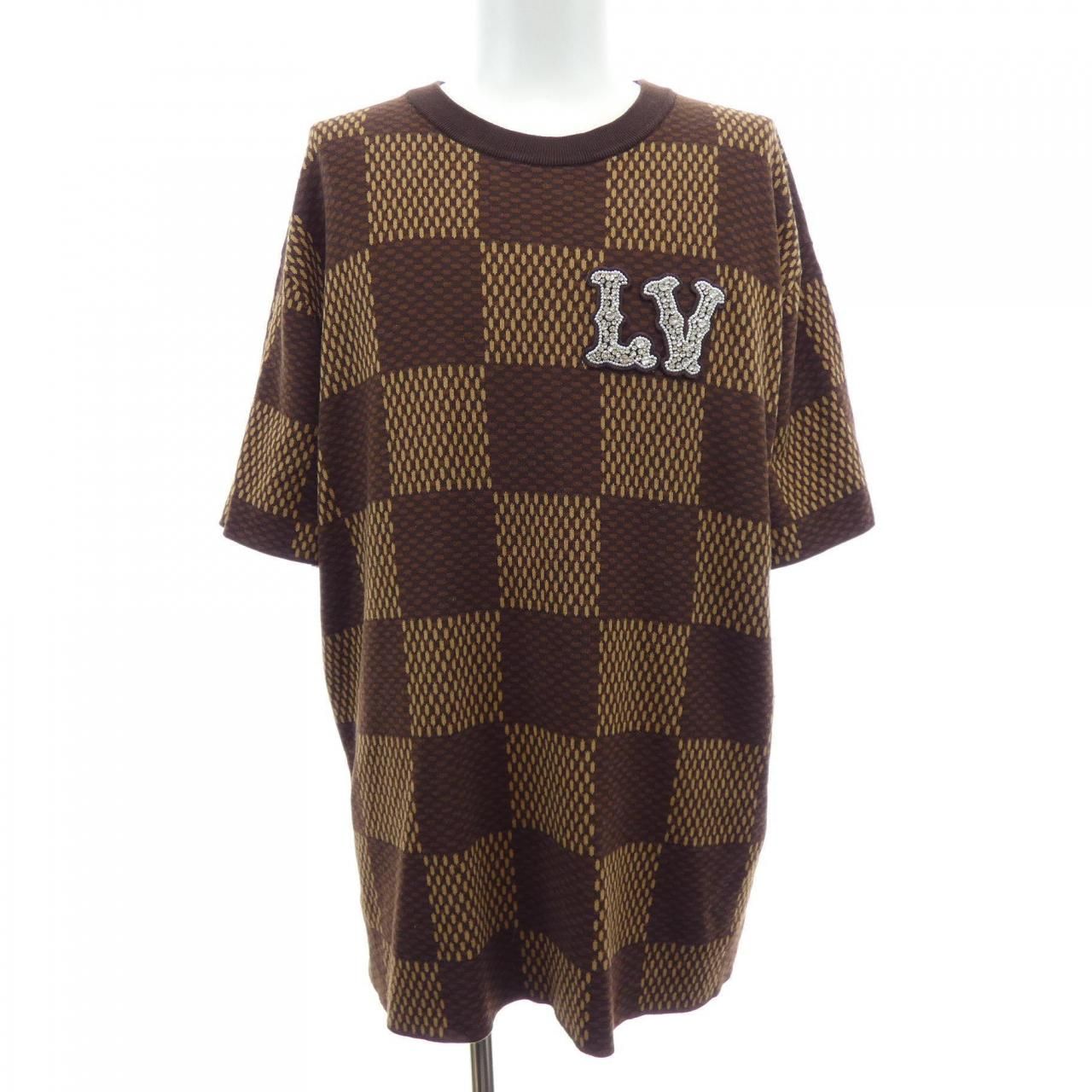 Louis Vuitton Short Sleeve Cotton Damier Crew Neck with Strass LV Patch Knit