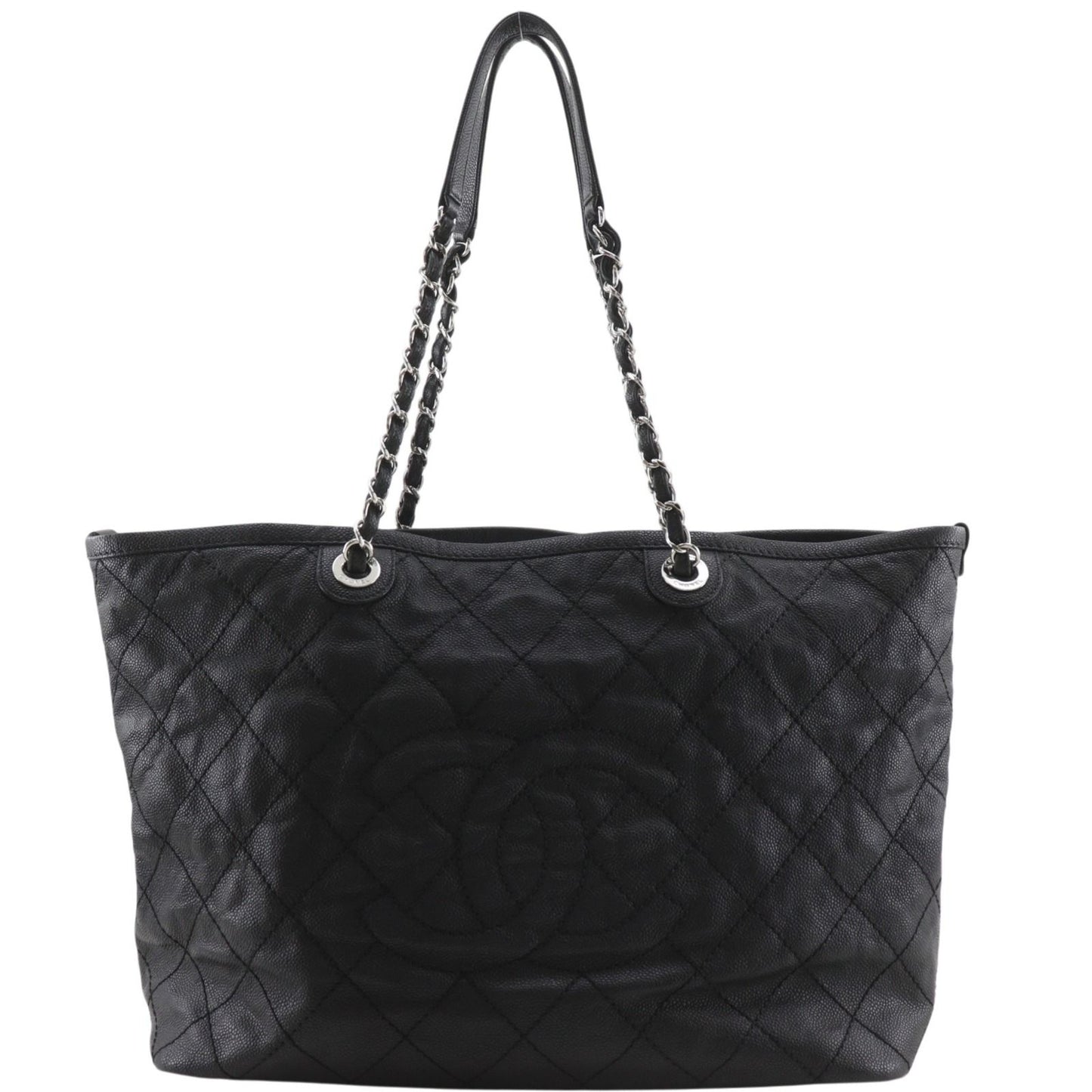Chanel Chain Tote Quilted CC Logo Caviar Leather Black