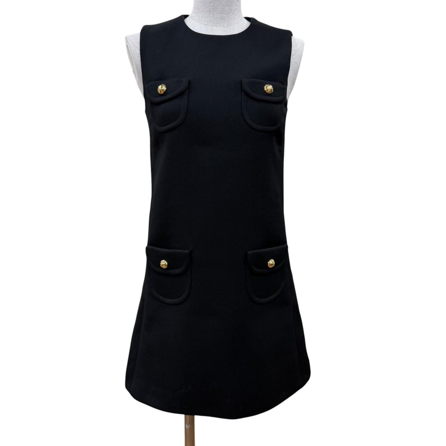Celine Wool Silk Mixed Triomphe Gold Button Sleeveless Dress Black 34 French