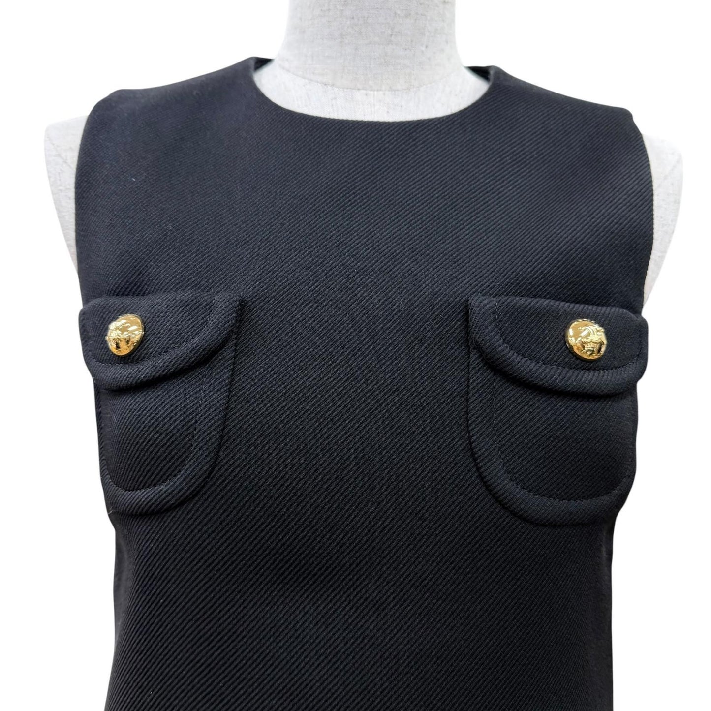 Celine Wool Silk Mixed Triomphe Gold Button Sleeveless Dress Black 34 French — view 2