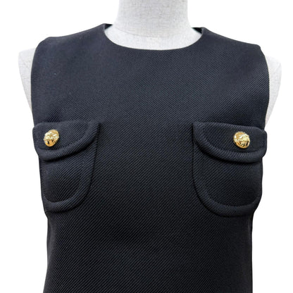 Celine Wool Silk Mixed Triomphe Gold Button Sleeveless Dress Black 34 French — view 2