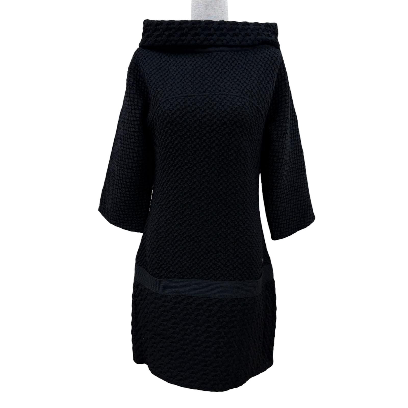 Chanel Wool Here Button Boat Neck Knit Long Sleeve Dress Black 36