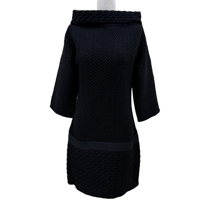 Chanel Wool Here Button Boat Neck Knit Long Sleeve Dress Black 36