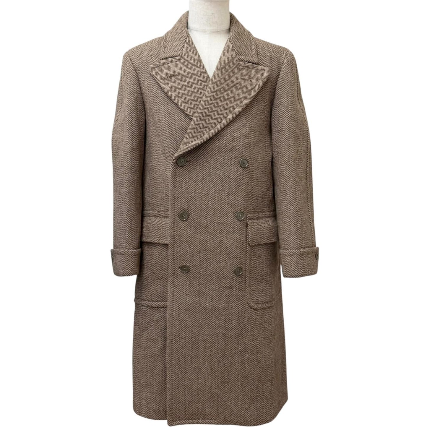 Gucci Wool Herringbone Pattern Double B Ted Chesterfield Long Coat Brown 46