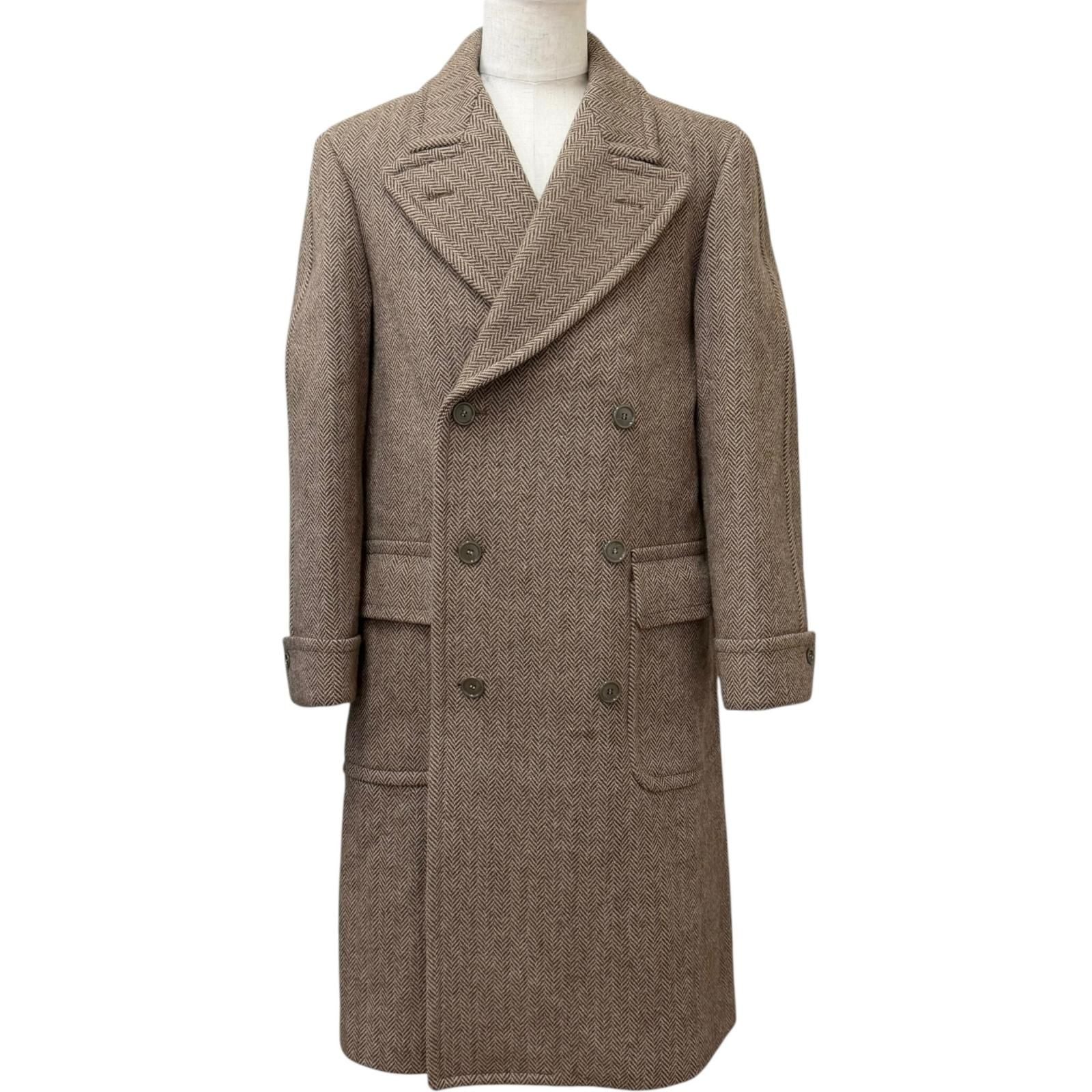 Gucci Wool Herringbone Pattern Double B Ted Chesterfield Long Coat Brown 46