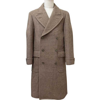 Gucci Wool Herringbone Pattern Double B Ted Chesterfield Long Coat Brown 46