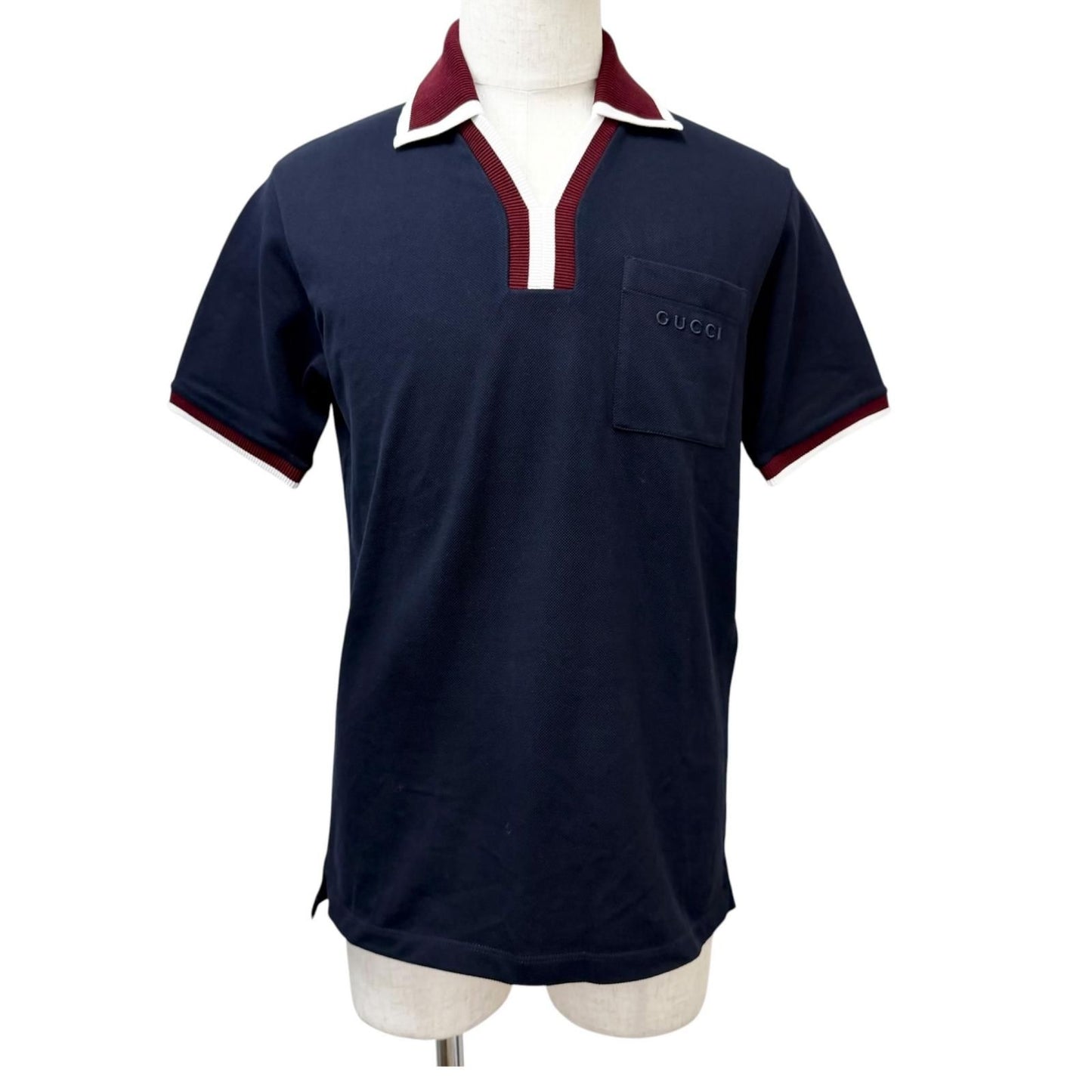 Gucci Logo Embro Cotton Pike Short Sleeve Polo Shirt Top Navy Bordeaux XS