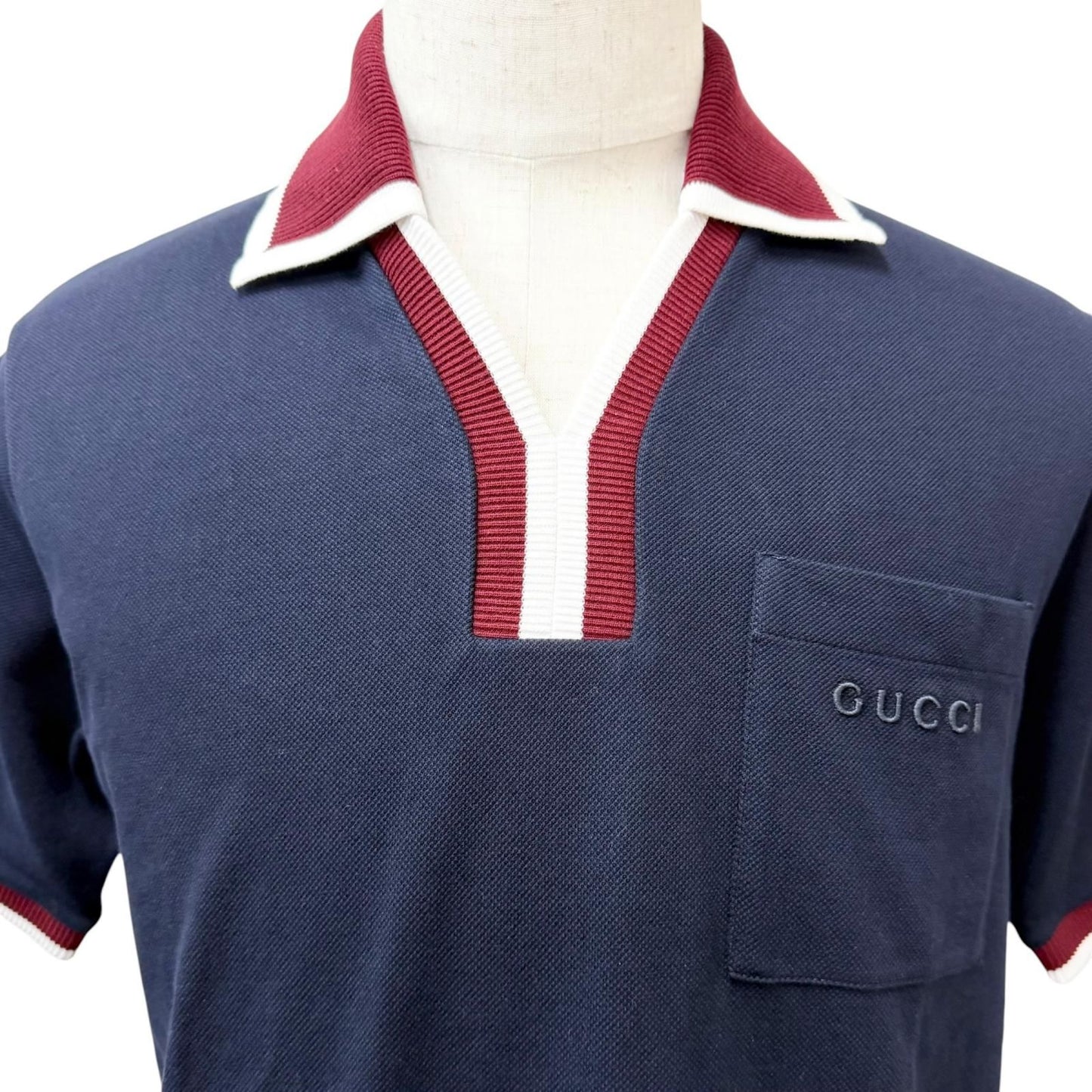 Gucci Logo Embro Cotton Pike Short Sleeve Polo Shirt Top Navy Bordeaux XS — view 2