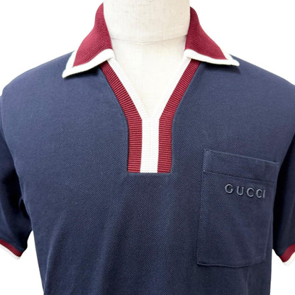 Gucci Logo Embro Cotton Pike Short Sleeve Polo Shirt Top Navy Bordeaux XS — view 2