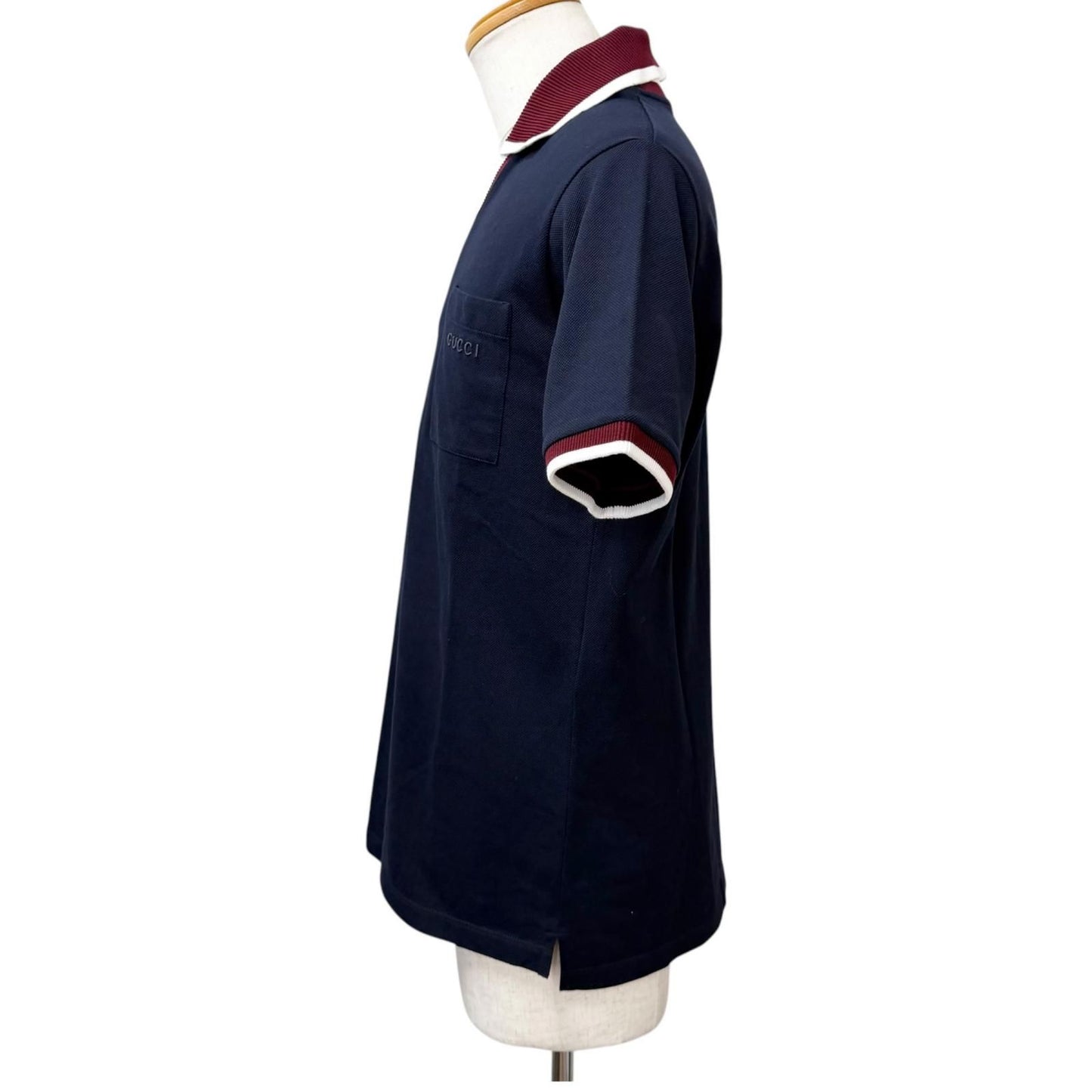 Gucci Logo Embro Cotton Pike Short Sleeve Polo Shirt Top Navy Bordeaux XS — view 3