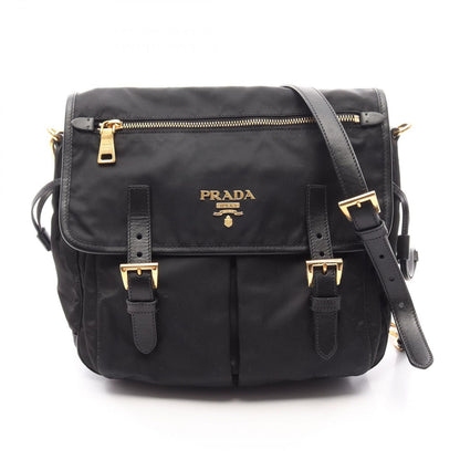 Prada Shoulder Bag Tessuto Saffian Black Nylon Saffiano Leather
