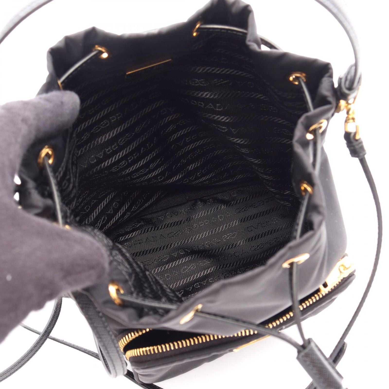 Prada Duet Re-Nylon Bucket Bag 2-Way Black Nylon Saffiano Leather — view 3