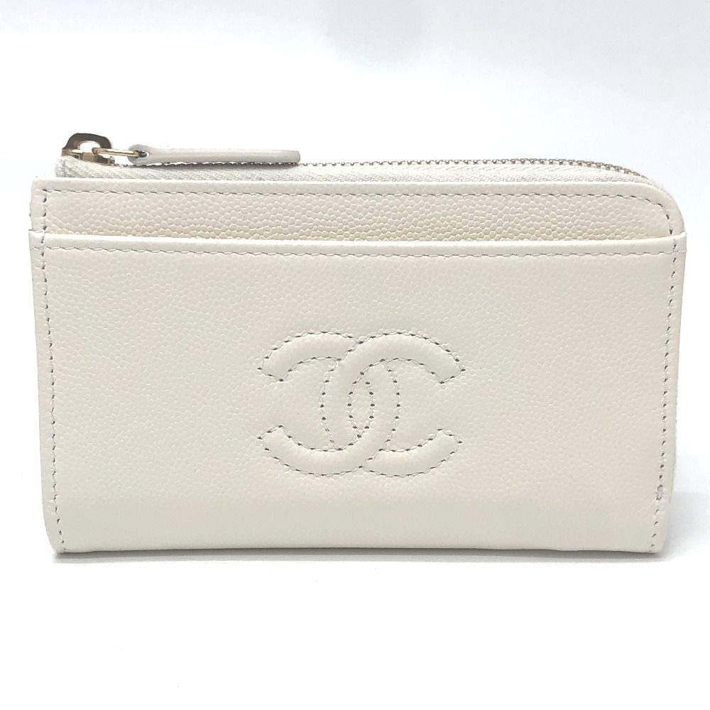 Chanel Card Case CC Logo Wallet Coin Purse Caviar Leather White