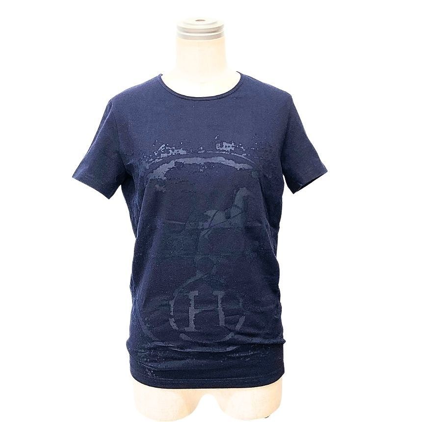 Hermes Short Sleeve T-Shirt Caleche Carre Navy 38 Gaultier Era Vintage Carriage