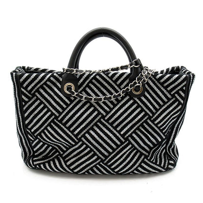 Chanel 2-Way Handbag Canvas Leather Tote Black Silver — view 4