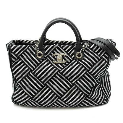 Chanel 2-Way Handbag Canvas Leather Tote Black Silver