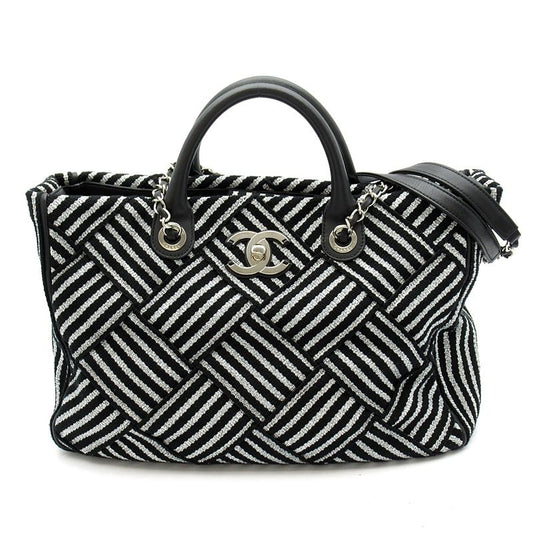 Chanel 2-Way Handbag Canvas Leather Tote Black Silver
