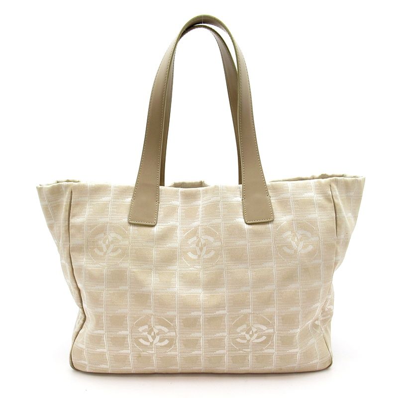 Chanel New Travel Line Tote MM Nylon Leather Beige Gold