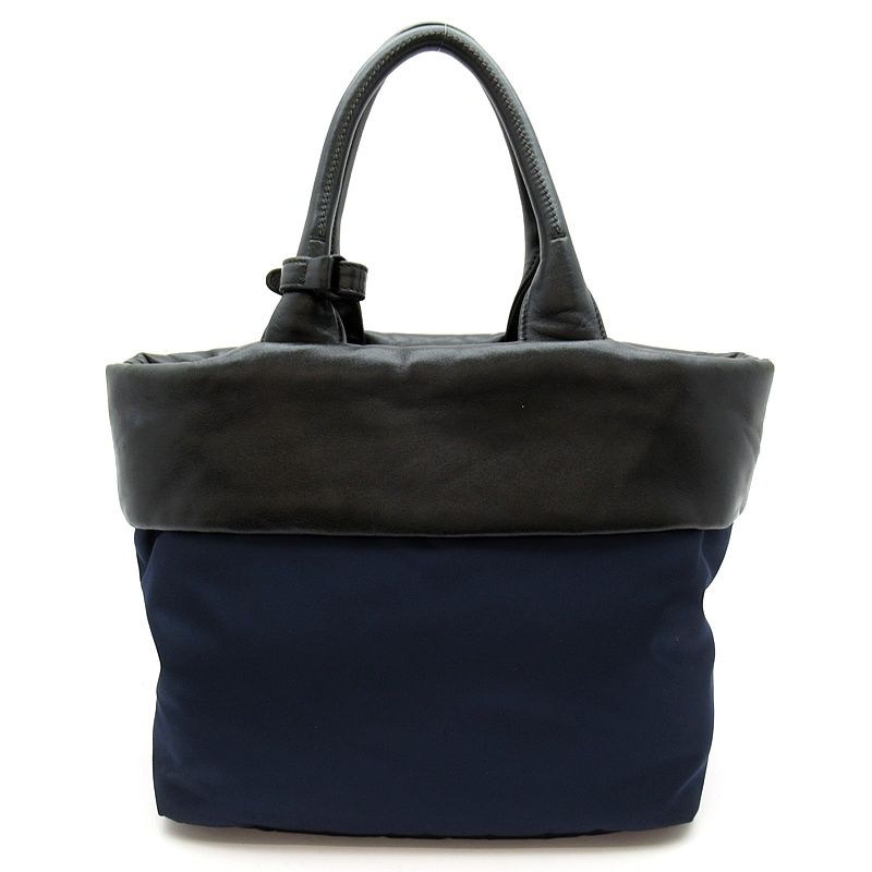 Prada Handbag Nylon Leather Tote Black Navy — view 4