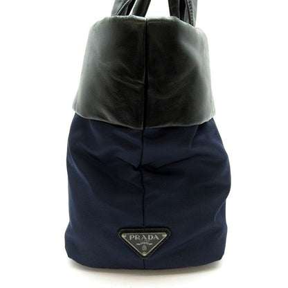 Prada Handbag Nylon Leather Tote Black Navy — view 5