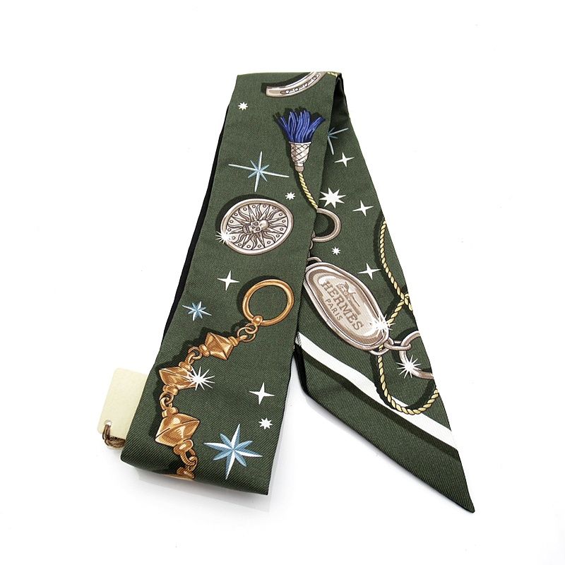 Hermes Twilly Scarf Se la Fet Silk 100% Black Khaki — view 2