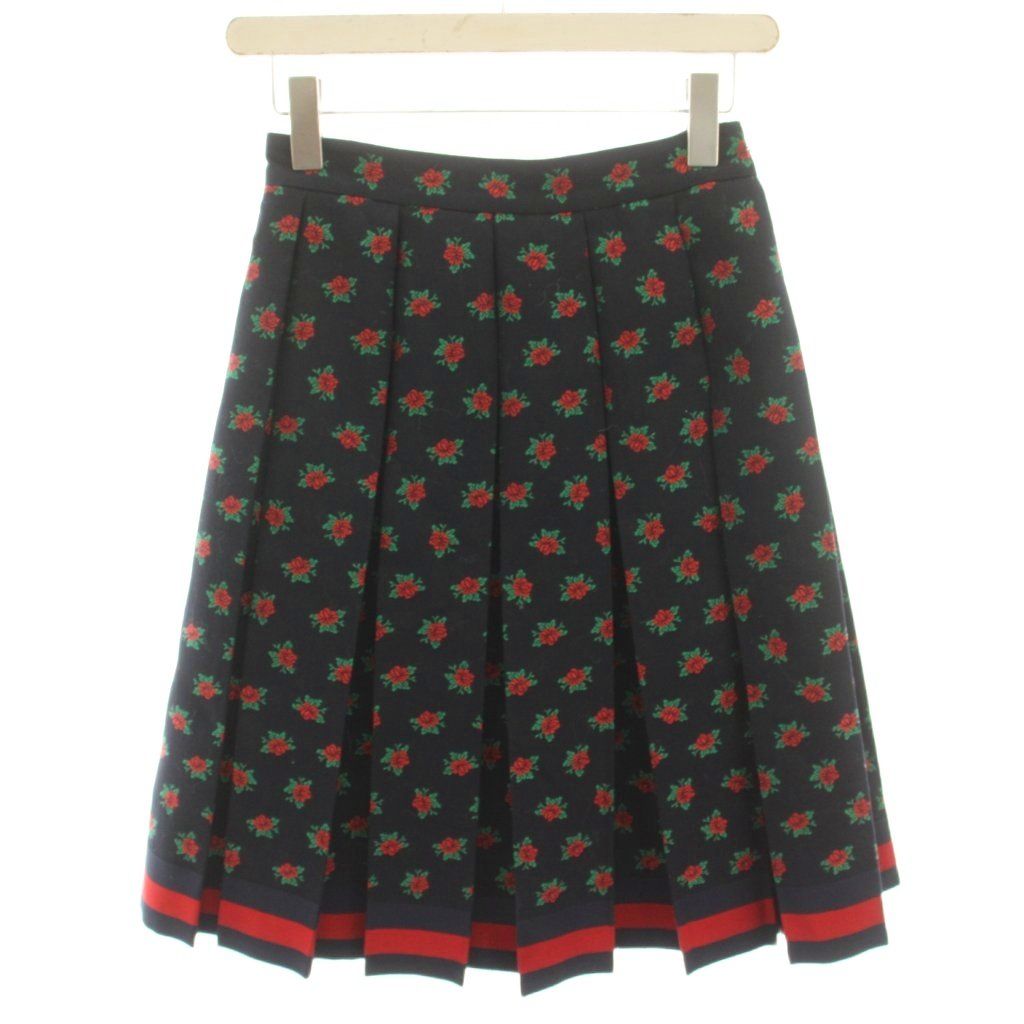 Gucci Pleated Skirt Knee Length Floral Jacquard Wool Blend 36 Navy HN