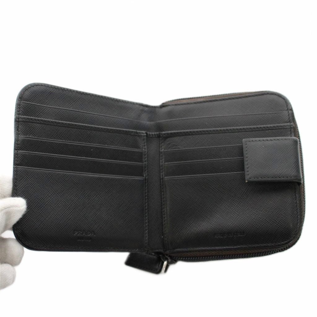 Prada Triangular Plate Bifold Wallet Zip Around Leather Black YM — view 7