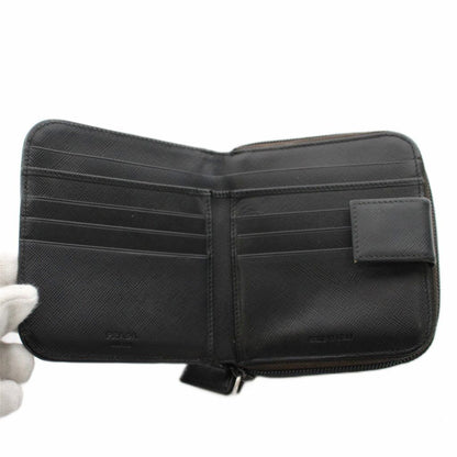 Prada Triangular Plate Bifold Wallet Zip Around Leather Black YM — view 7