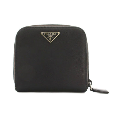 Prada Triangular Plate Bifold Wallet Zip Around Leather Black YM