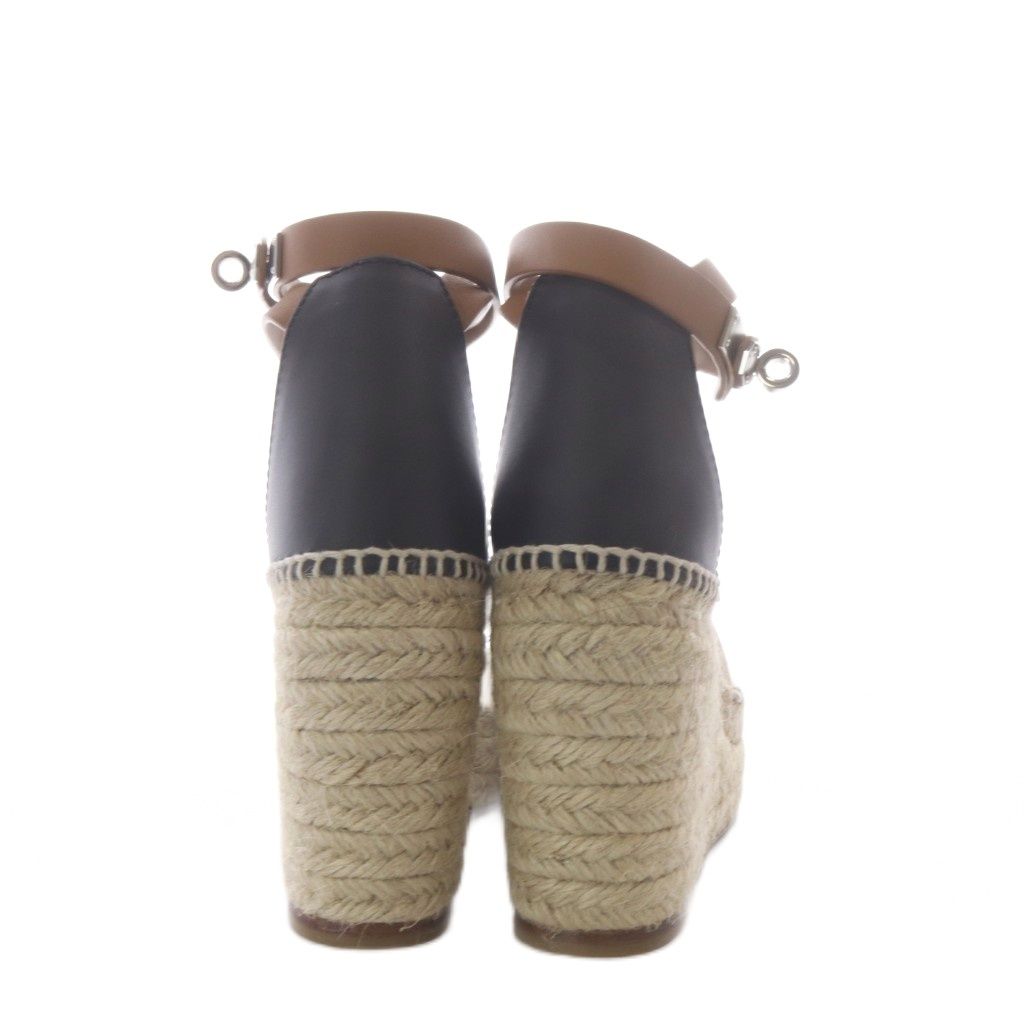 Hermes Tipoli Sandals Wedge Sole Espadrilles Kelly Ankle Strap Leather Brown 38 — view 3