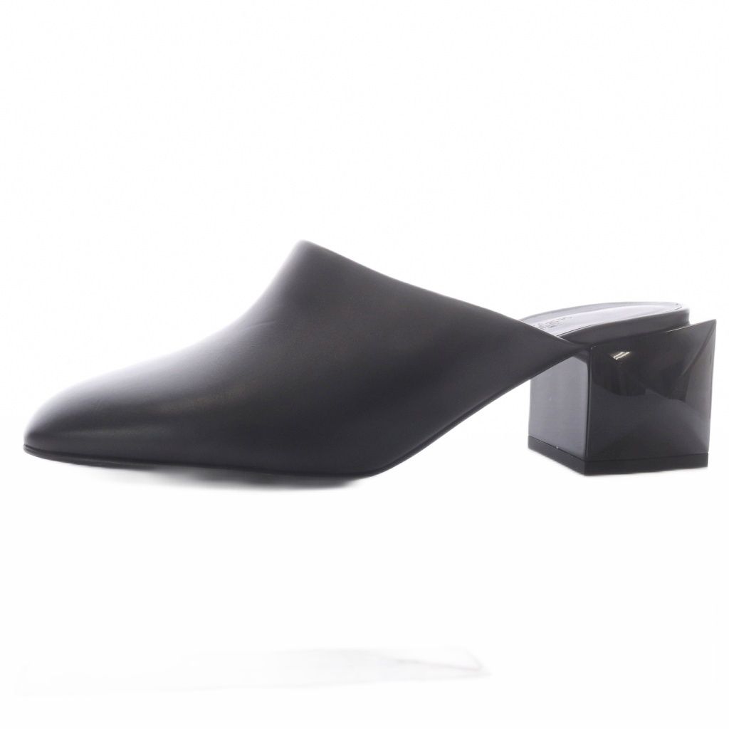Hermes Christie Mules Chunky Heel Square Toe Leather Black 37