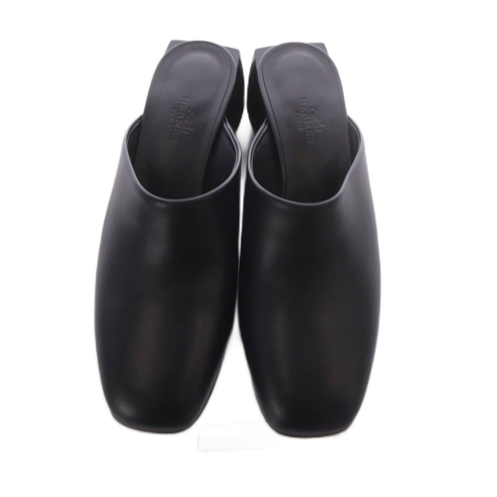 Hermes Christie Mules Chunky Heel Square Toe Leather Black 37 — view 7