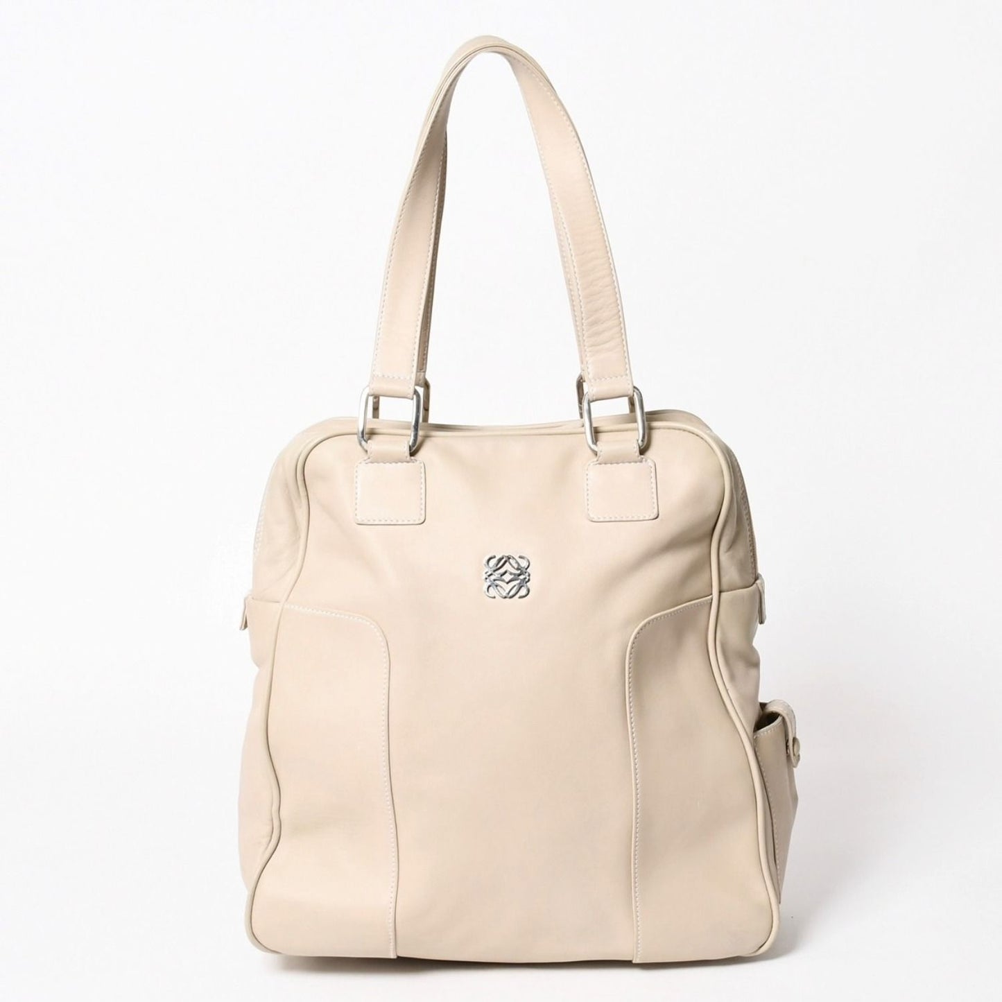 Loewe Anagram Tote Bag Side Pocket Leather Ivory Silver
