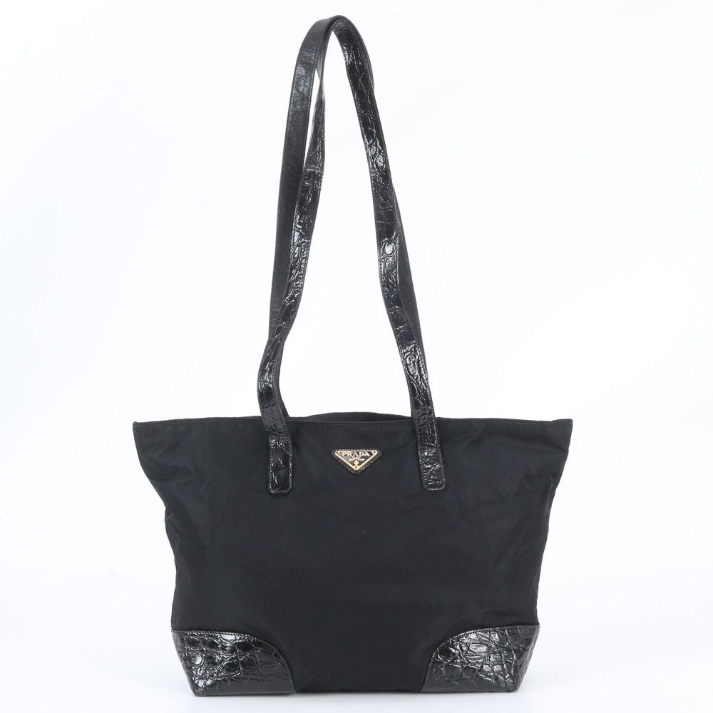 Prada White Tessuto Nylon Triangle Logo Croco Embossed Leather Tote Shoulder