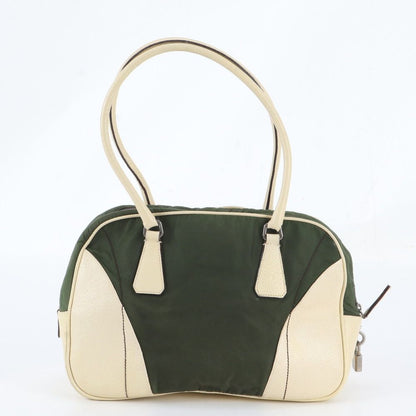 Prada White Tessuto Nylon Triangle Logo Leather Handbag Mini Boston Tote — view 3