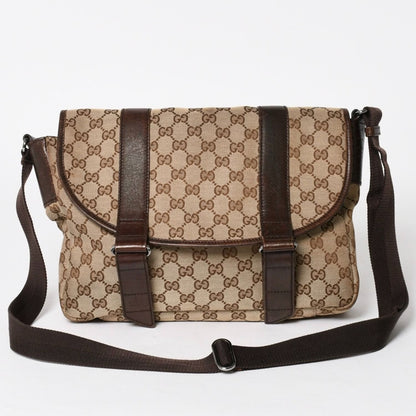 Gucci Messenger Shoulder Bag GG Canvas Brown Silver