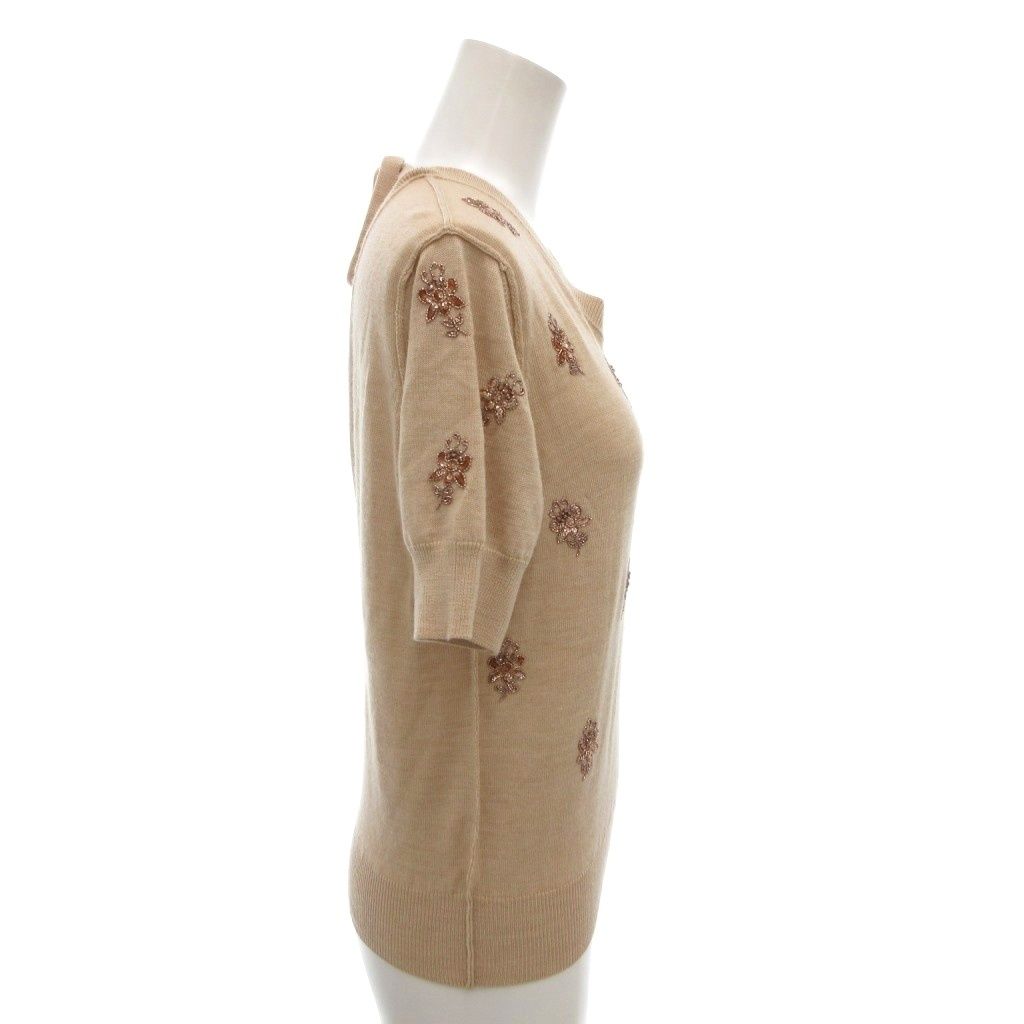 Fendi Knit Sweater Back Ribbon Short Sleeve Beige Floral Bead Embroidery — view 3