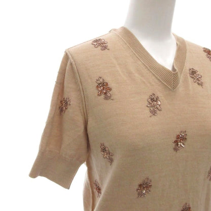 Fendi Knit Sweater Back Ribbon Short Sleeve Beige Floral Bead Embroidery — view 4