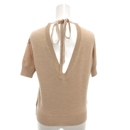 Fendi Knit Sweater Back Ribbon Short Sleeve Beige Floral Bead Embroidery — view 2